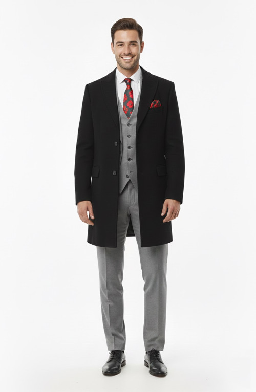 Presto Erkek Sivri Yaka Kaşe Kaban Siyah 5014