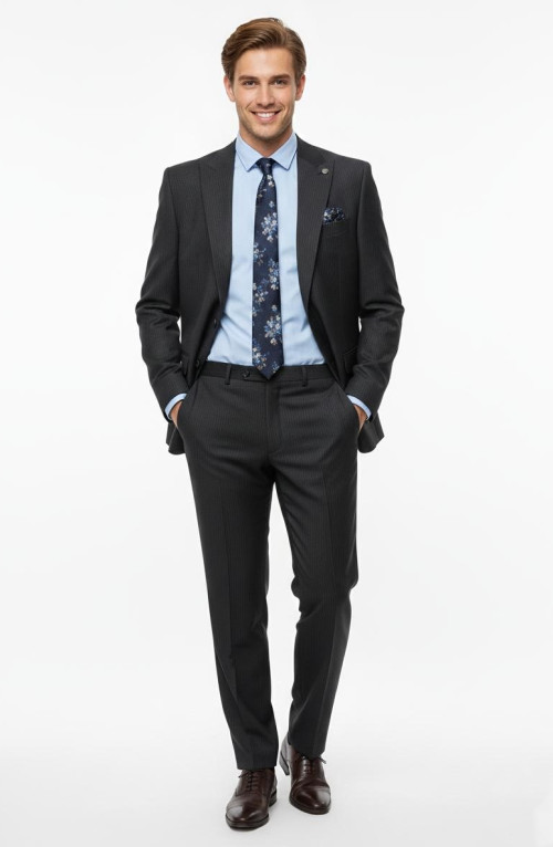 Presto Erkek Slimfit Çizgili Yün Takım Elbise 6 Drop Siyah  2127-001