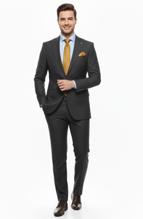 Presto Erkek Slimfit Çizgili Yün Takım Elbise 6 Drop Siyah  2127-250