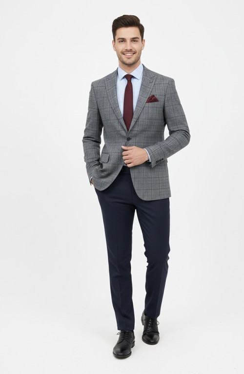 Presto Erkek 6 Drop Slimfit Kareli Ceket Gri 1635-070