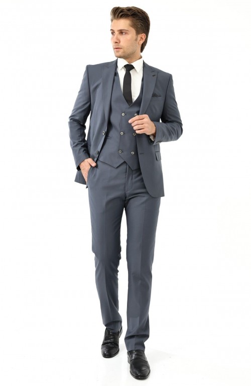 Erkek Yelekli Slimfit Takım Elbise 6 Drop Füme 583-075