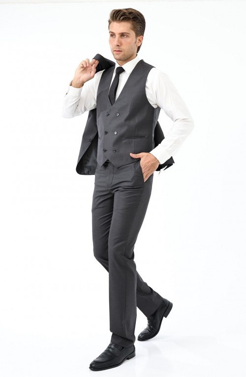 Erkek Yelekli Slimfit Takım Elbise 6 Drop Gri 583-090